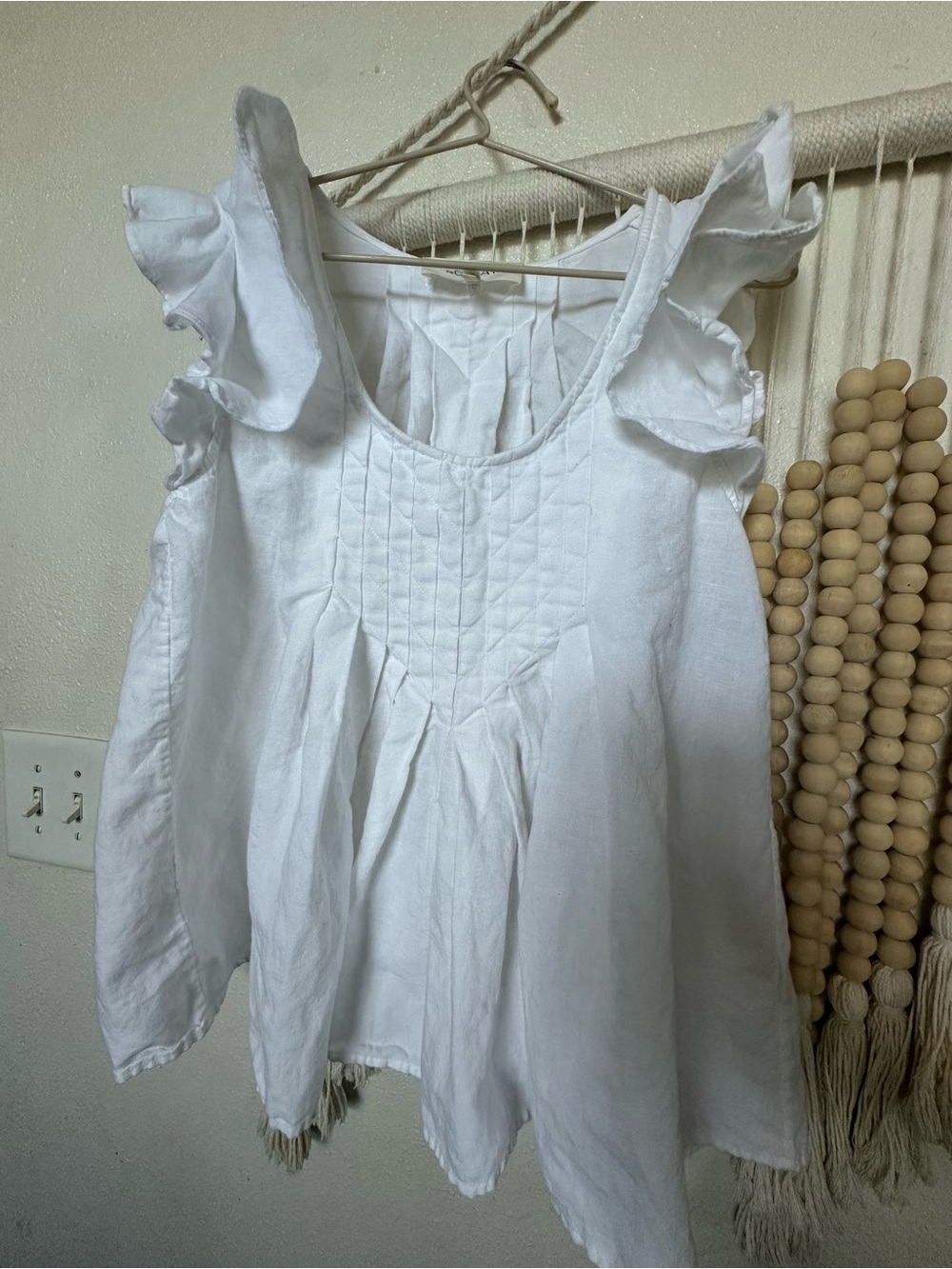 THE GREAT. White Ruffle Shoulder Pintuck Linen Camisole